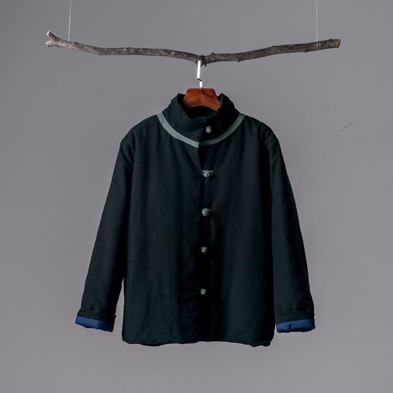 

2025 Winter Retro Frog Button Color-Block Stand Collar Washed Linen Short Cotton Jacket for Women One Size