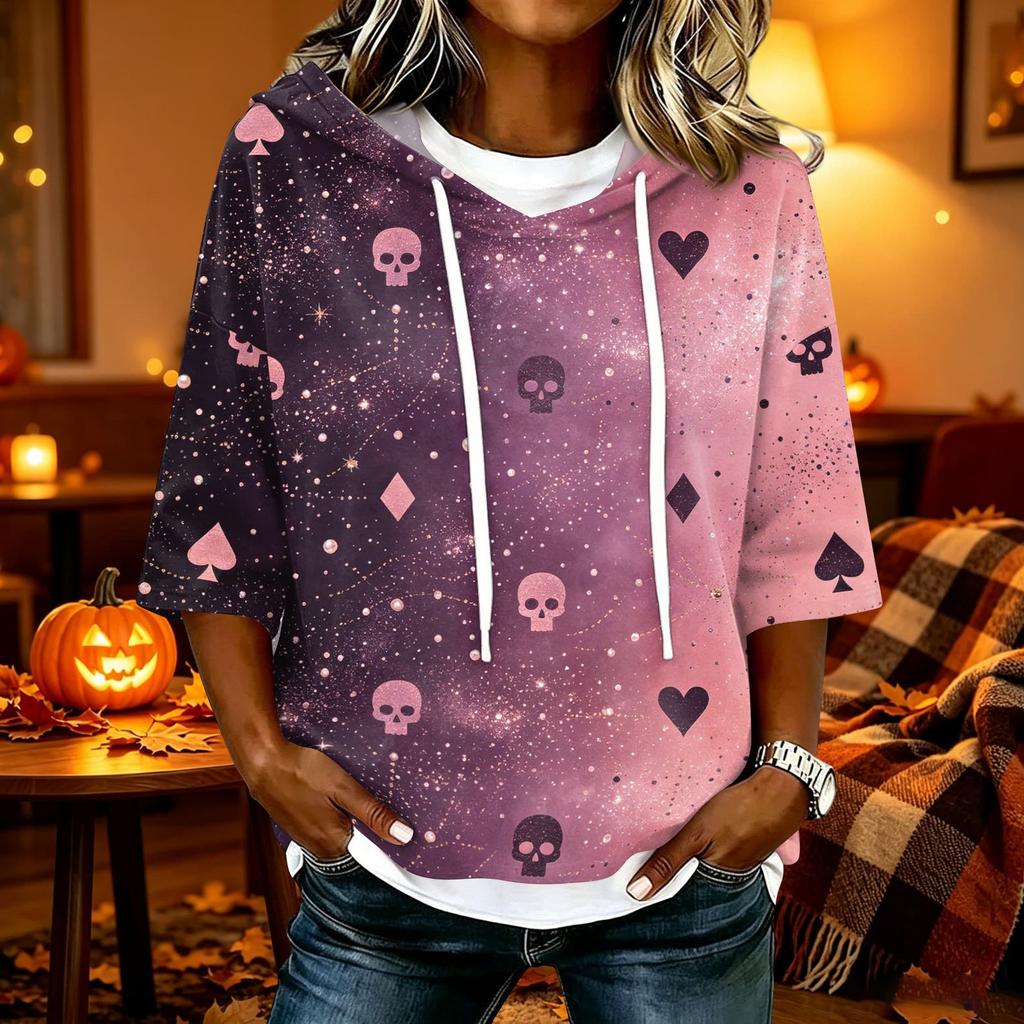 Women's Halloween Printed Hoodie Loose Fit Three-Quarter Sleeve Casual Top