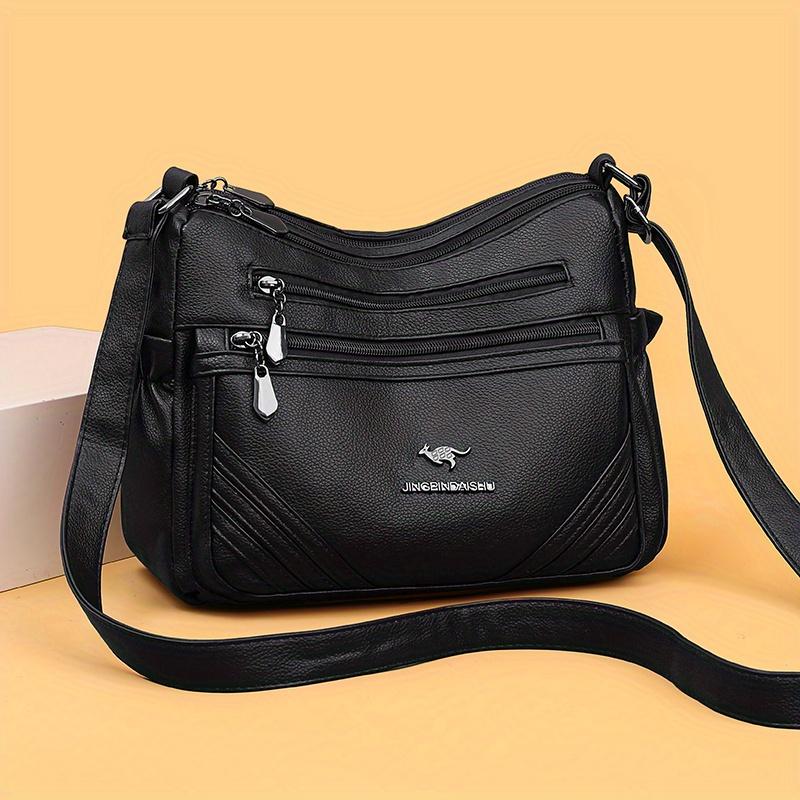 Women's Leather Crossbody Bag Multi-Zipper Pocket Purse with Adjustable Strap Textured Handbag