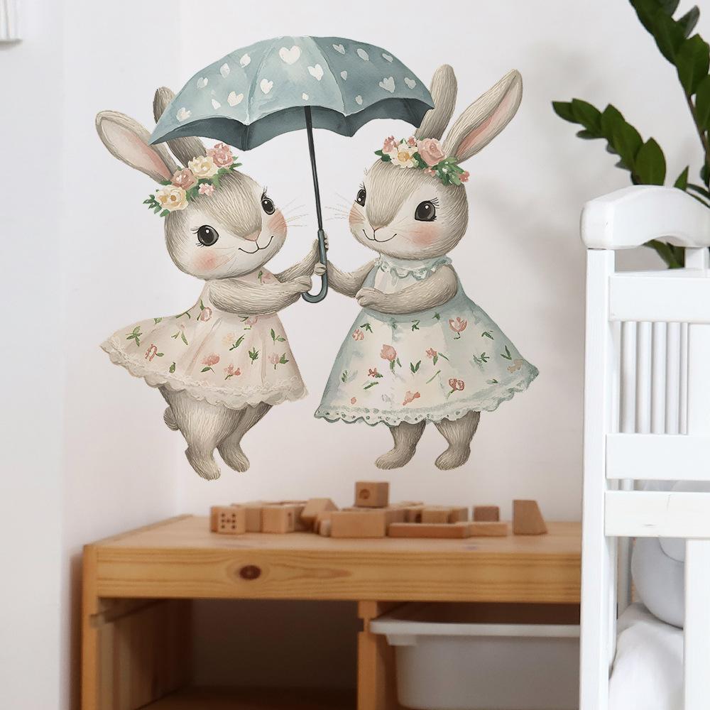 Coniglietti Disegnati a Cartone Animato con Ombrelli Camera da Letto Soggiorno Ingresso Abbellimento e Decorazione Casa Adesivi Murali