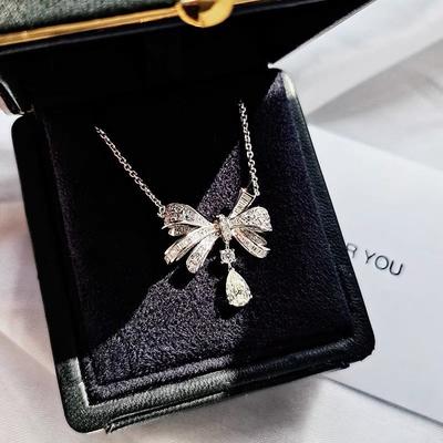 Bow Water Drop Necklace Niche High-end Slightly Inlaid Diamond Pendant Sweet Dream Collarbone Chain