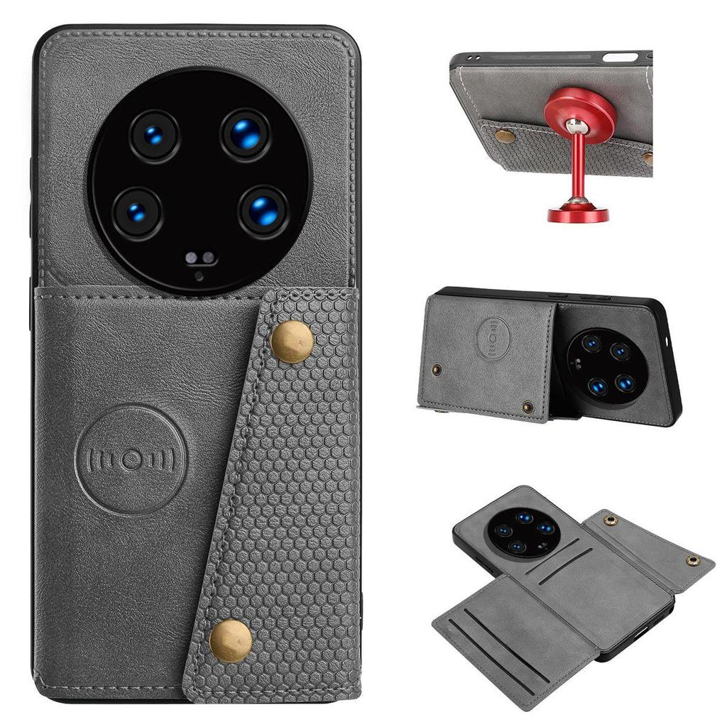 Vintage Leather Card Holder Phone Case for Xiaomi 14 Ultra Card Pockets Dual Snap Buttons Flip Wallet Shell