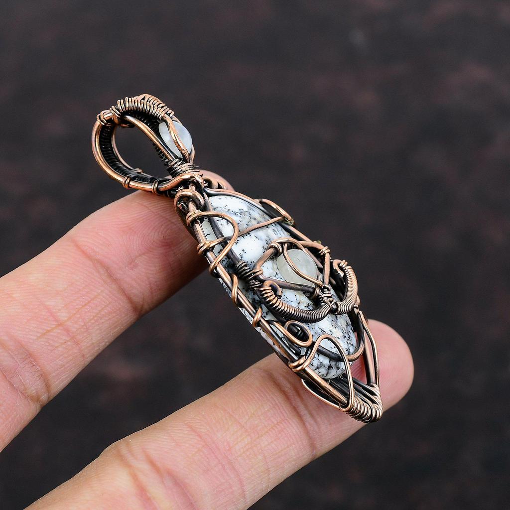 Evil Eye Dendrite Opal Pendant Copper Wire Wrapped Pendant Rainbow Moonstone Pendant Gemstone Jewelry Gift For Mom Handmade Evil Eye Jewelry