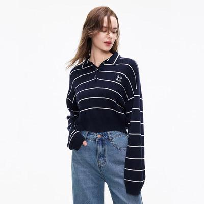 SheTu Women's Polo Collar Striped Knit Pullover
