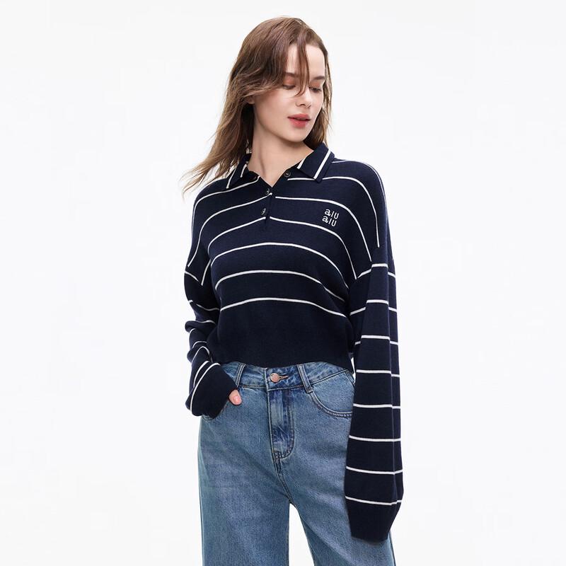 

SheTu Women s Polo Collar Striped Knit Pullover M