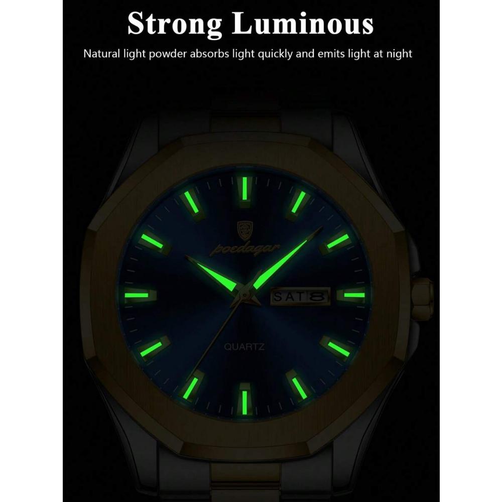 POEDAGAR 1pc Casual Men's Stainless Steel Quartz Wristwatch, Dual Date Display, Business Waterproof Luminous Wristwatch, Men's Gift