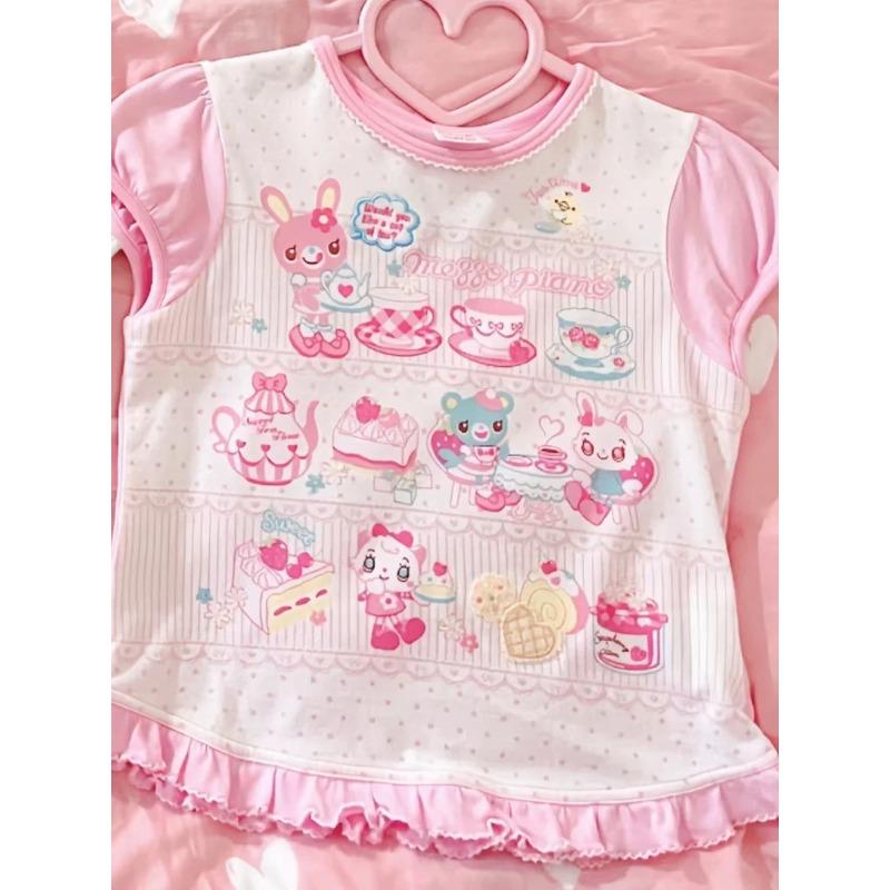 Sweet Kawaii Cartoon Tshirts Polka Dot Print Women T-shirt Loose Casual Contrast Color Cute Graphic Tee Tops Japan Y2k Aesthetic