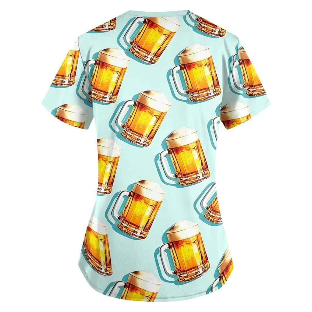 Women's Uniform - Oktoberfest Print Loose V-Neck Short Sleeve with Pockets