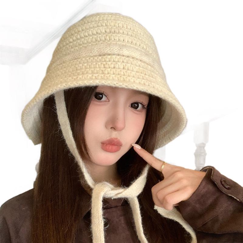 Knitted Bucket Hat Women Winter Warm Fisherman Hat Ear Tie Bow Crochet Solid Color Autumn Casual Outdoor Cap