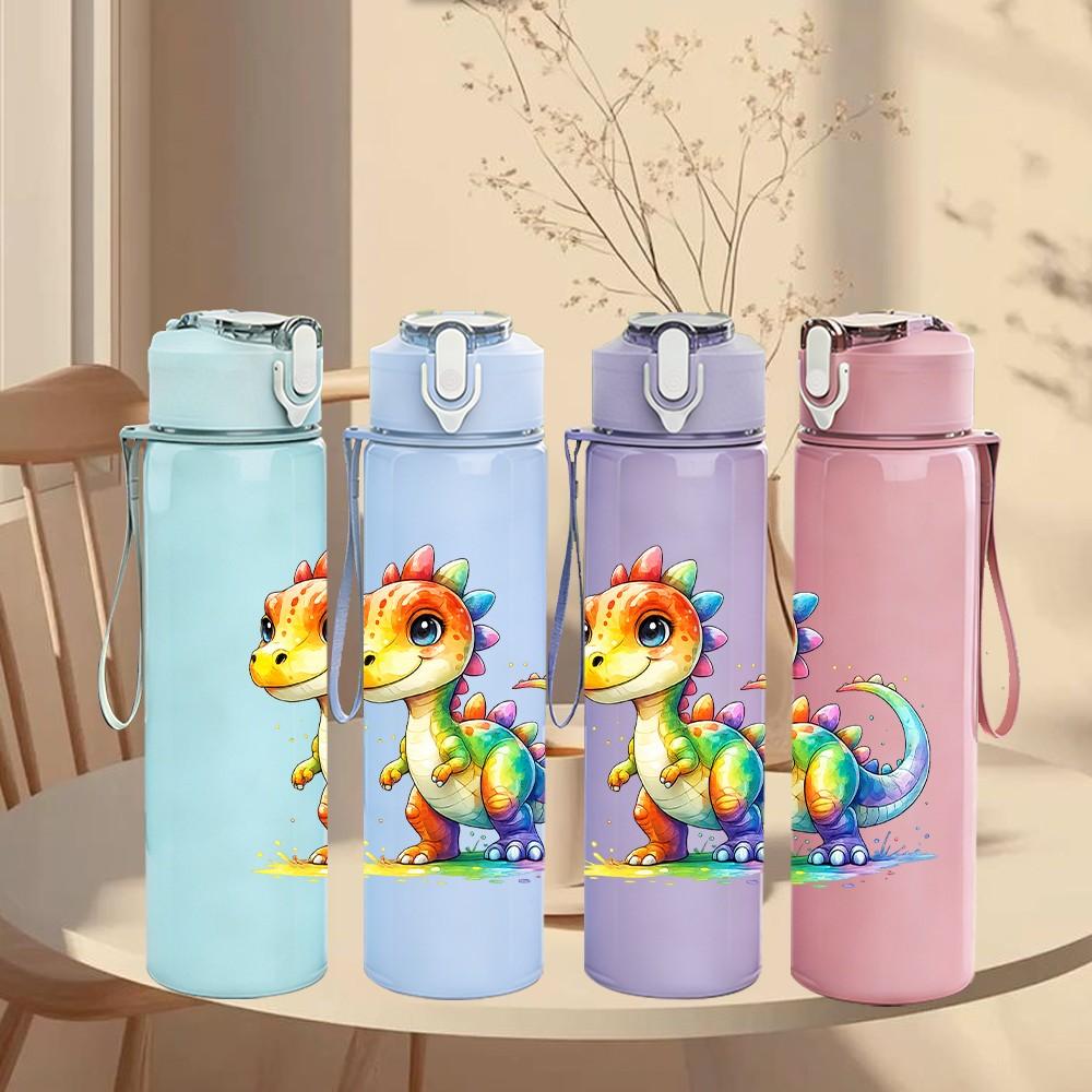 1PC Colorful Baby Dragon Cartoon Print 750ml Color Plastic Sports Water Bottle Leakproof Flip Straw Lid Suitable for Sports Office Home Use