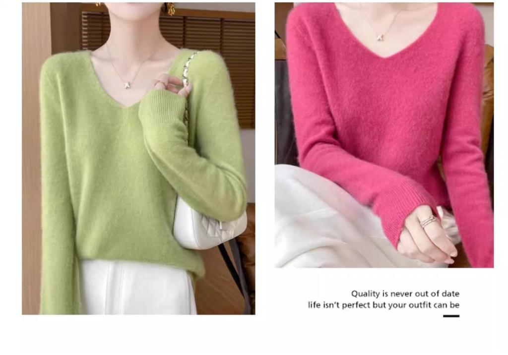 Hengyuanxiang Women's V-Neck Wool Sweater: Elegant, Slim-fit, Soft and Fluffy Knit Base Layer for Autumn/Winter.