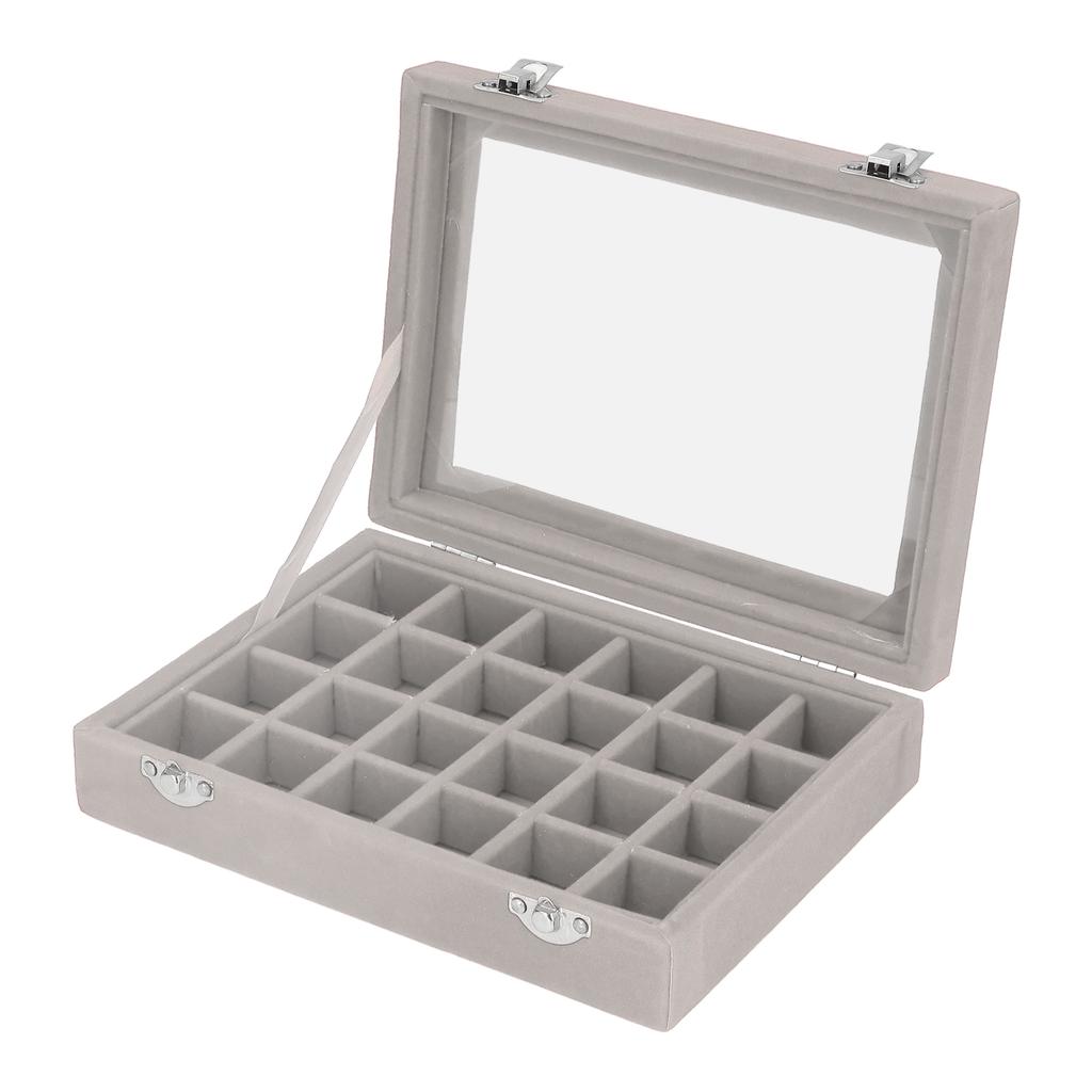 Small Velvet Jewelry Box Organizer 24 Compartments Jewelry Case Earring Rings Storage Box Jewelry Case with Locks Gray
