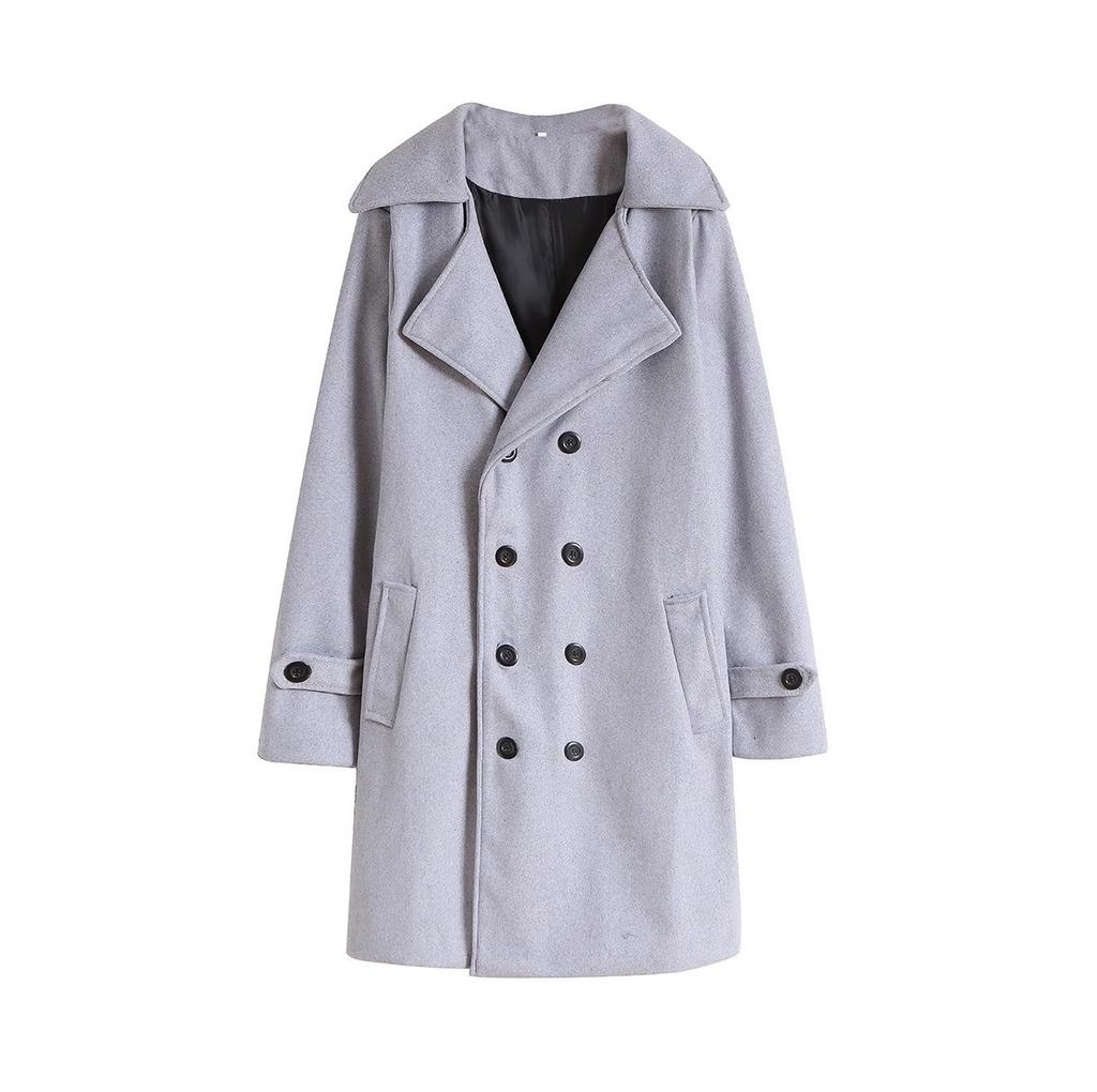 Men's Fashion Solid Color Woolen Coat Korean Version Double Breasted Mid Length Woolen Windbreaker Jacket