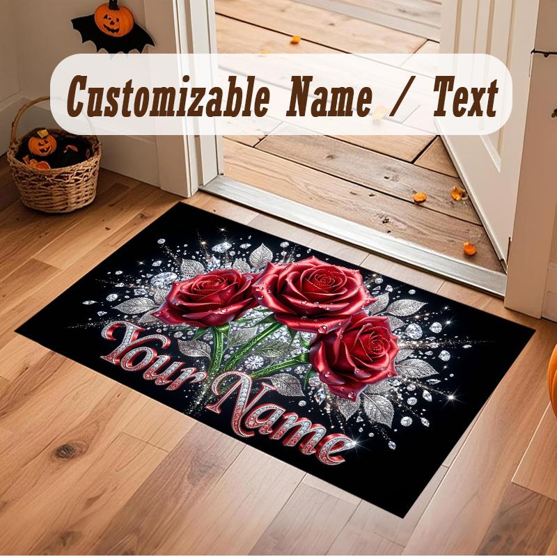Floral Garden Theme Soft Crystal Velvet Rug Custom Name & Text Print Non Slip Floor Rug for Bedroom Living Room