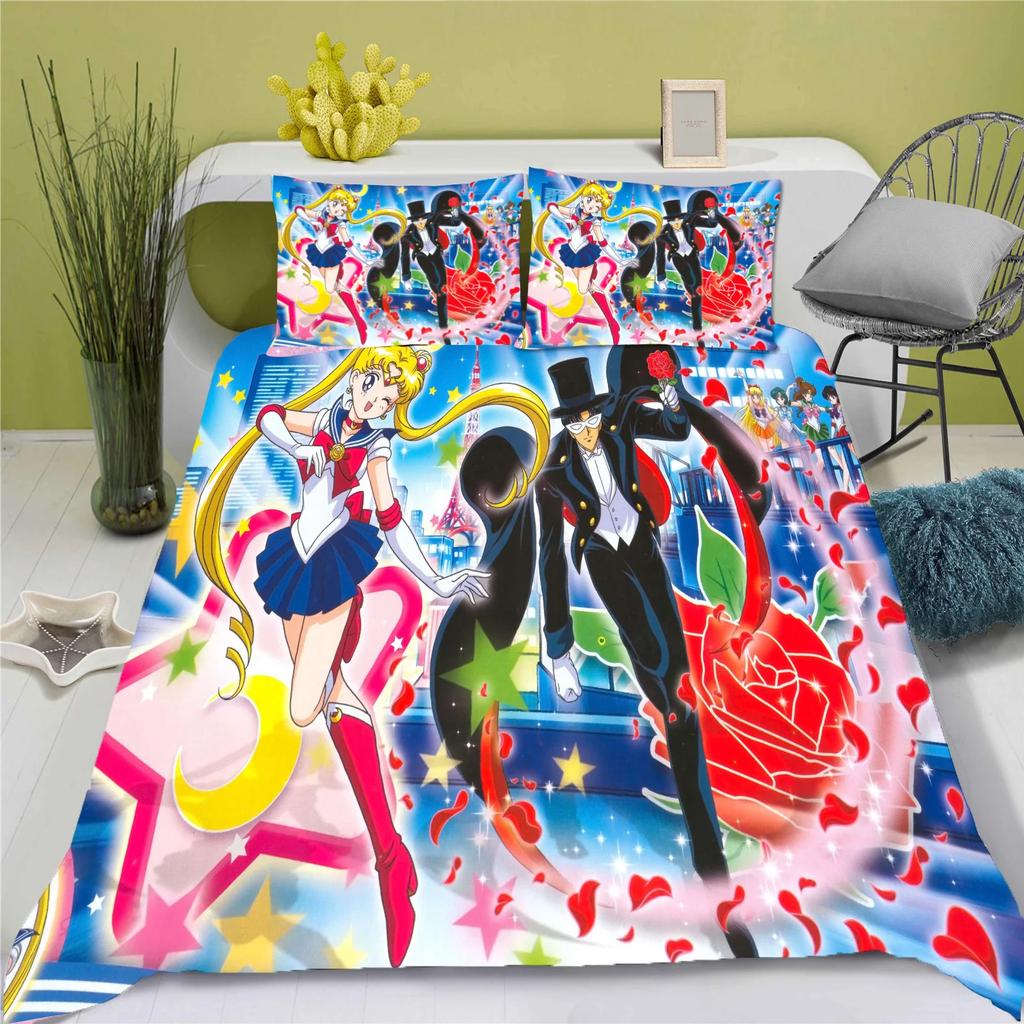 3D Anime posteľná súprava Sailor Moon obliečka na paplón 100% polyester vhodná pre deti a dospelých 3-dielna súprava 1 obliečka na paplón