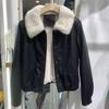 Women's European-Style PU Leather Jacket, Fleece-Lined with Big Fur Collar, Petite Size, Short Top for Autumn/Winter 2025