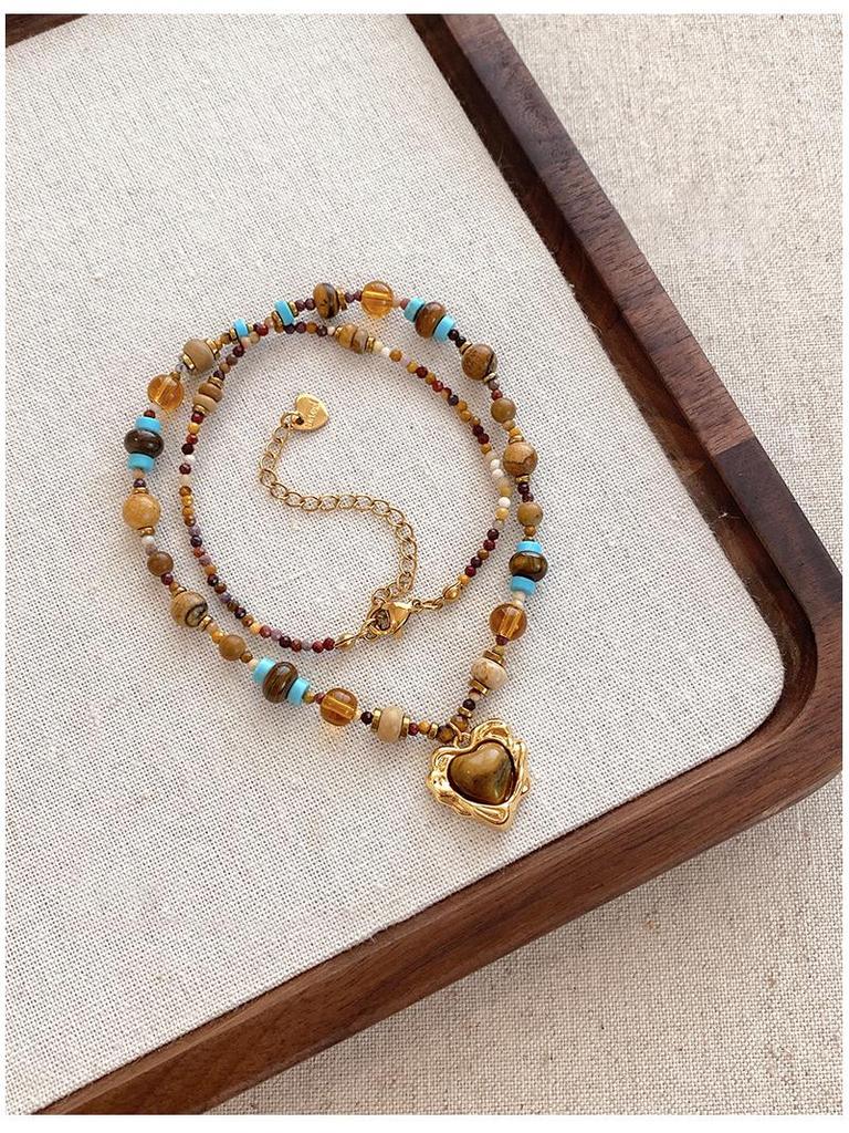 18k vergoldete Tigerauge Perlenanhänger Halskette - Retro Schlüsselbeinkette für Herbst/Winter.