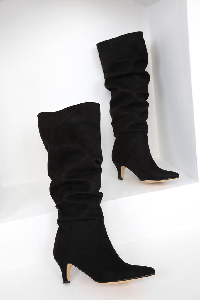 Moderne, stilvolle Modestiefel für Damen, Stiefel aus Kunstleder, Wildleder, schwarze Wildlederstiefel