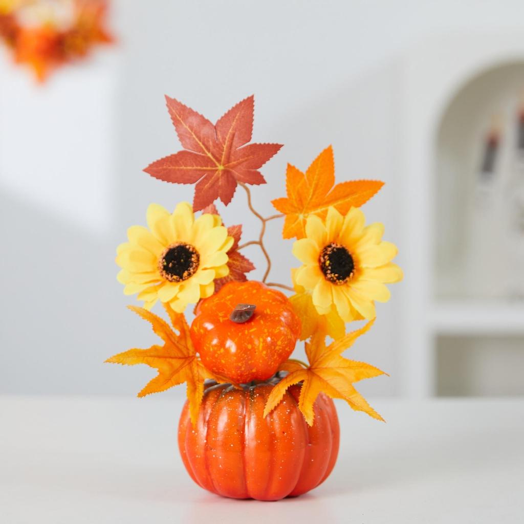 Autumn Party Decorations, Sunflower & Maple Leaf Ornaments, DIY Harvest Thanksgiving Halloween Table Bonsai Decor