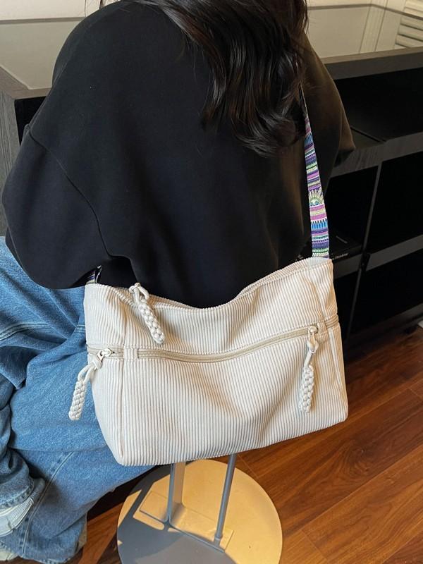 No Brand Casual Corduroy Shoulder Bag With Zipper Closure For Daily Use