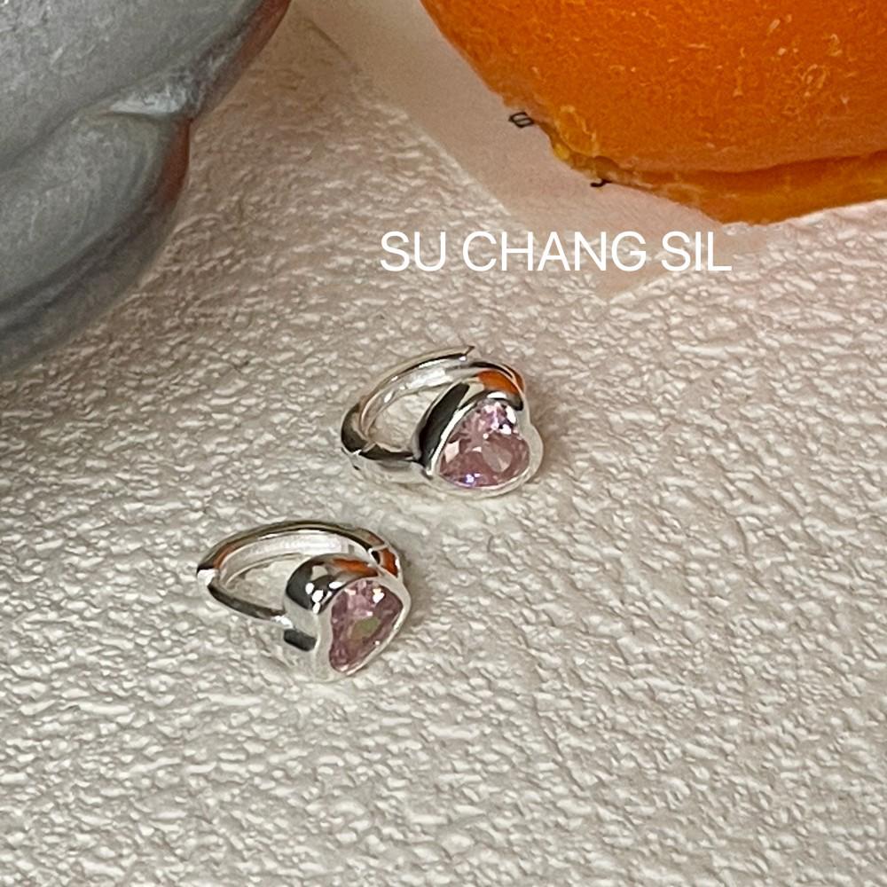 Su Chuang S925 Sterling Silver Pink Heart Earrings with Zirconia: Light Luxury and Elegant Style 925 Sterling Silver