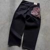 FlowStreet Hip Hop Kirschblüten Bestickte Jeans Vintage Niedrige Taille Weites Bein Hosen Y2K Kleidung Herren Damen Bestickte Baggy Jeans