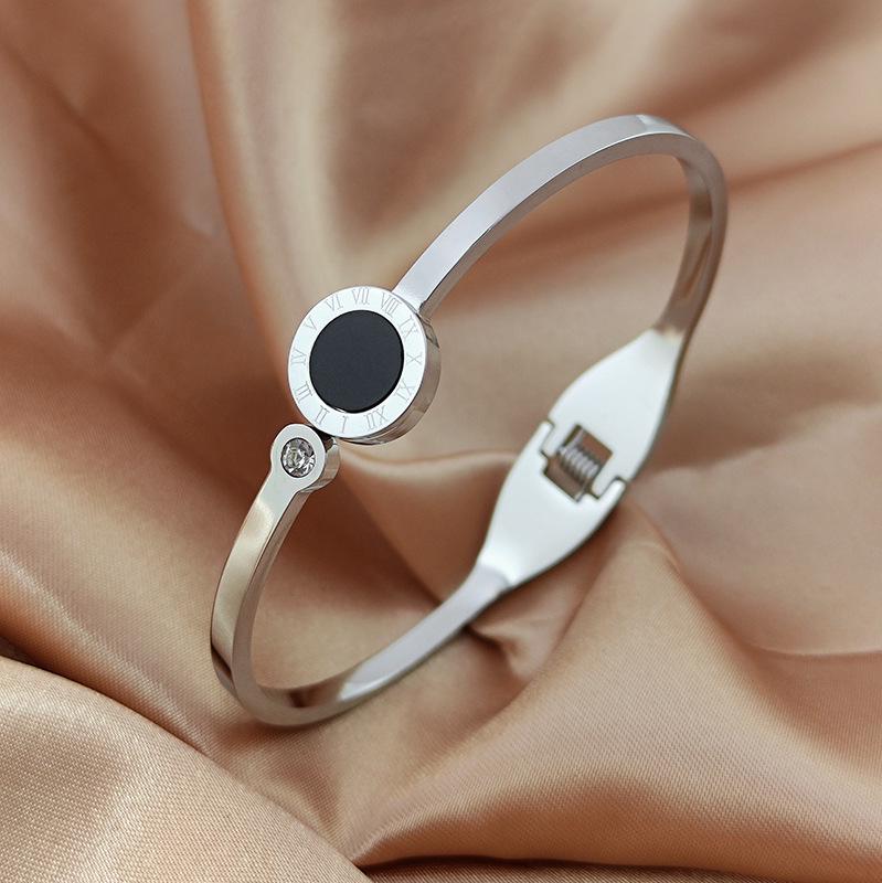 High-End Women's Silver Titanium Steel Zircon Bangle Bracelet