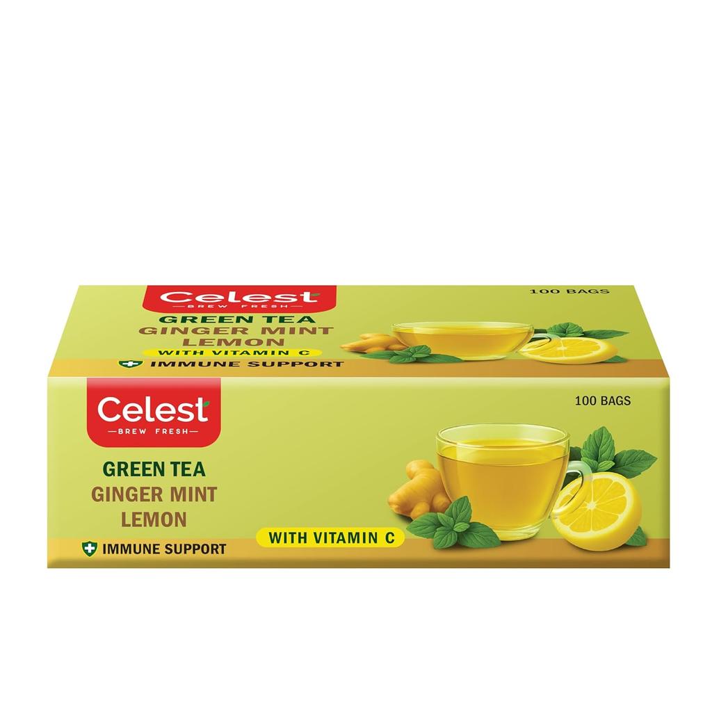 Celest Grüner Tee Minze Zitrone Ingwer mit Vitamin C 100 Teebeutel X 3er Packung Erfrischendes Gesundes Getränk