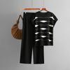 Fashion Suit Women's Summer New Striped Knitted Sweater Top + High Waist Wide Leg Pants Casual Two-piece Set