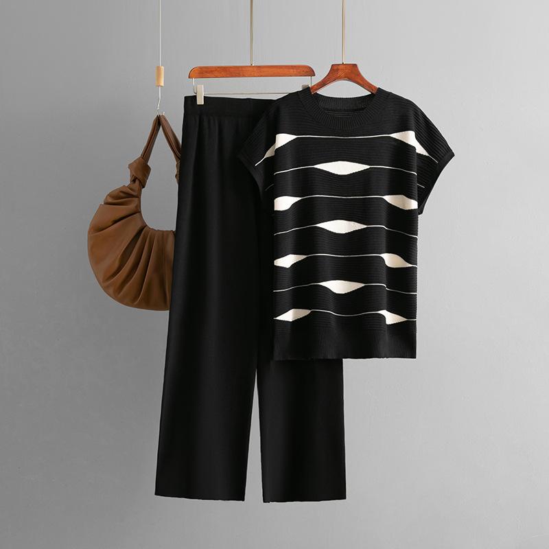 Fashion suit women's summer new striped knitted sweater top + high waist wide leg pants casual two-piece set