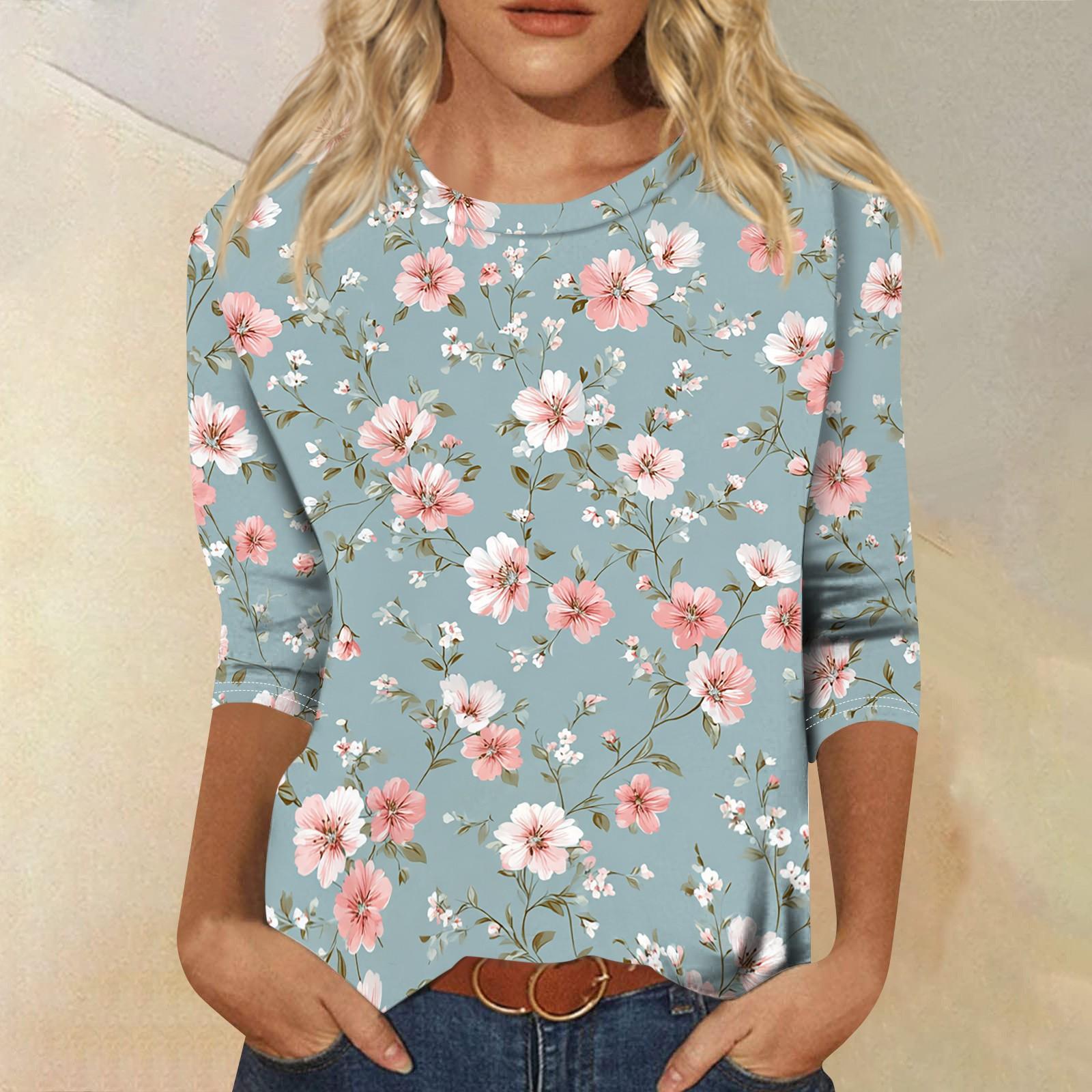 Women’s Casual Crew Neck Three Quarter Sleeve Floral Print T Shirt Top for Spring Summer Comfortable Loose Fit Blouse XXL