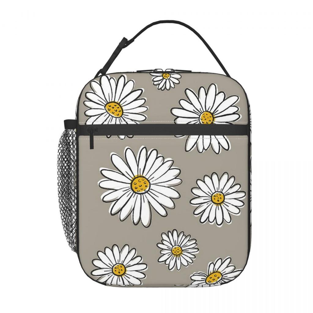 Cartoon Black And White Daisy Pattern Insulated Lunch Bag for Women Kids Portable Food Boxes Thermal Lunch Box Tote