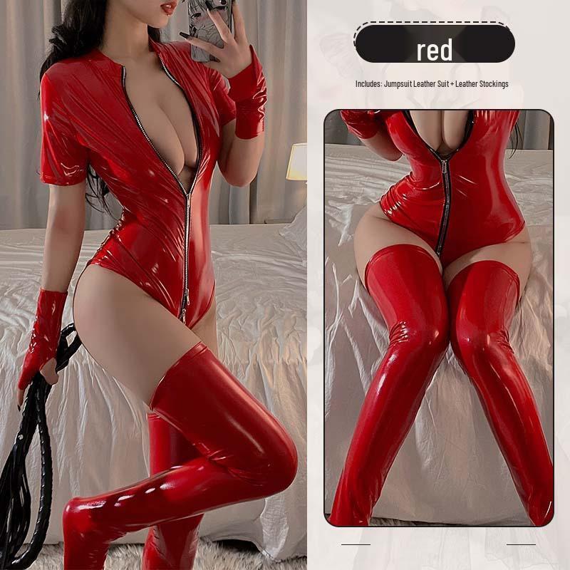 Sexy Patent Leather Lingerie Role Play Bodysuit - Temperament Queen Uniform