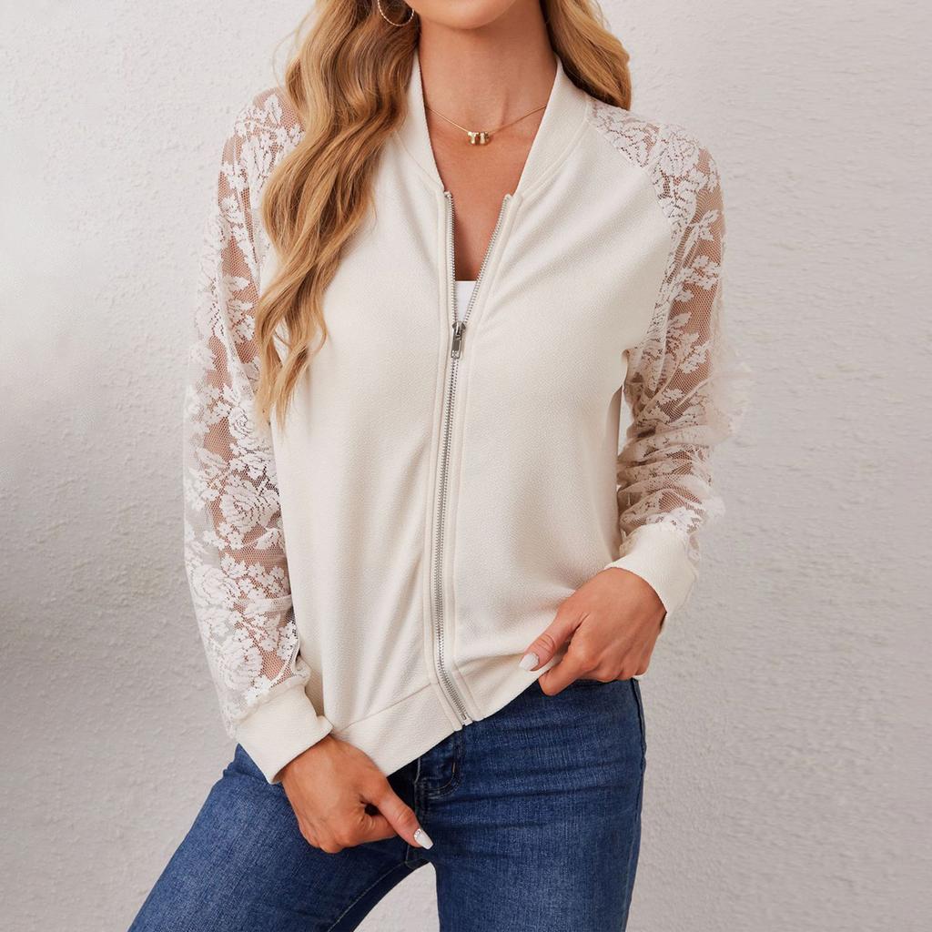 Women's Lace,trimmed Long,sleeved Baseball Collar Jacket/coat
