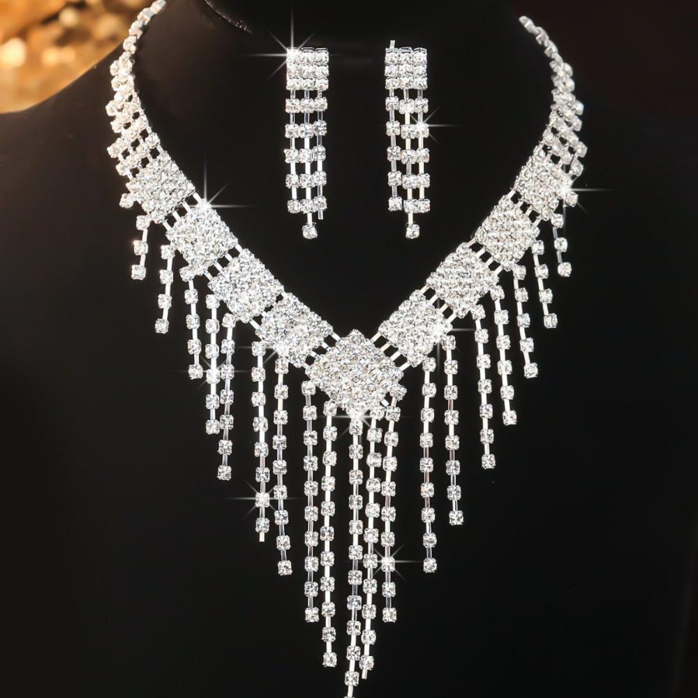 Zircon Bridal Jewelry Set Elegant Rhinestone Necklace Vintage Necklace Earring Set  Bridal