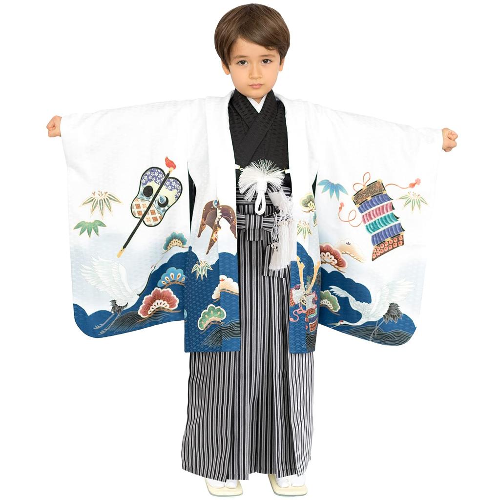 Shichigosan Boy 5 Years Old Kimono and Hakama Set Striped Hakama String Length Crane Kabuto White Navy Striped [KYOETSU] [Kyoetsu] (Hakama 60cm, -