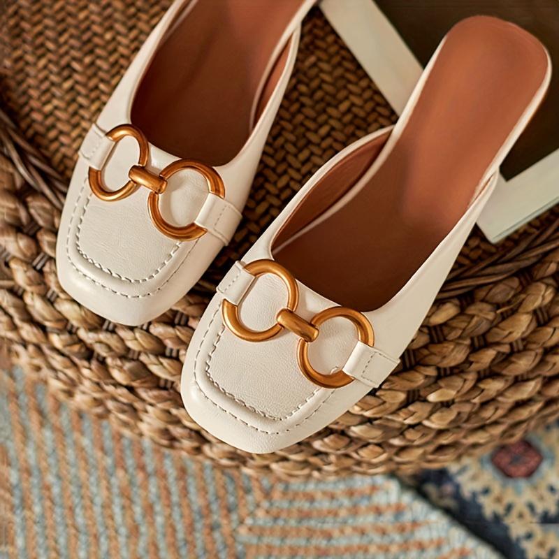Women's Metallic Buckle Mules, Stylish Square Toe Slip On Flat Shoes, All-match Backless Loafers