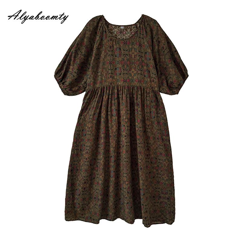 Korean Style Plus Size Summer Women Midi Dress O Neck Brown Floral Print Cotton Dress Vintage Lantern Sleeve Oversized Gown
