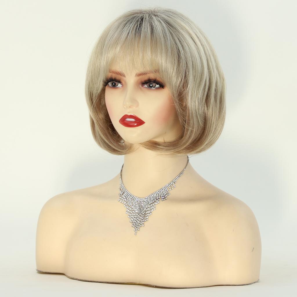 Short Blonde Synthetic Bob Wigs with Bangs Straight Wig for Women Daily Party Hair Heat Resistant Fiber