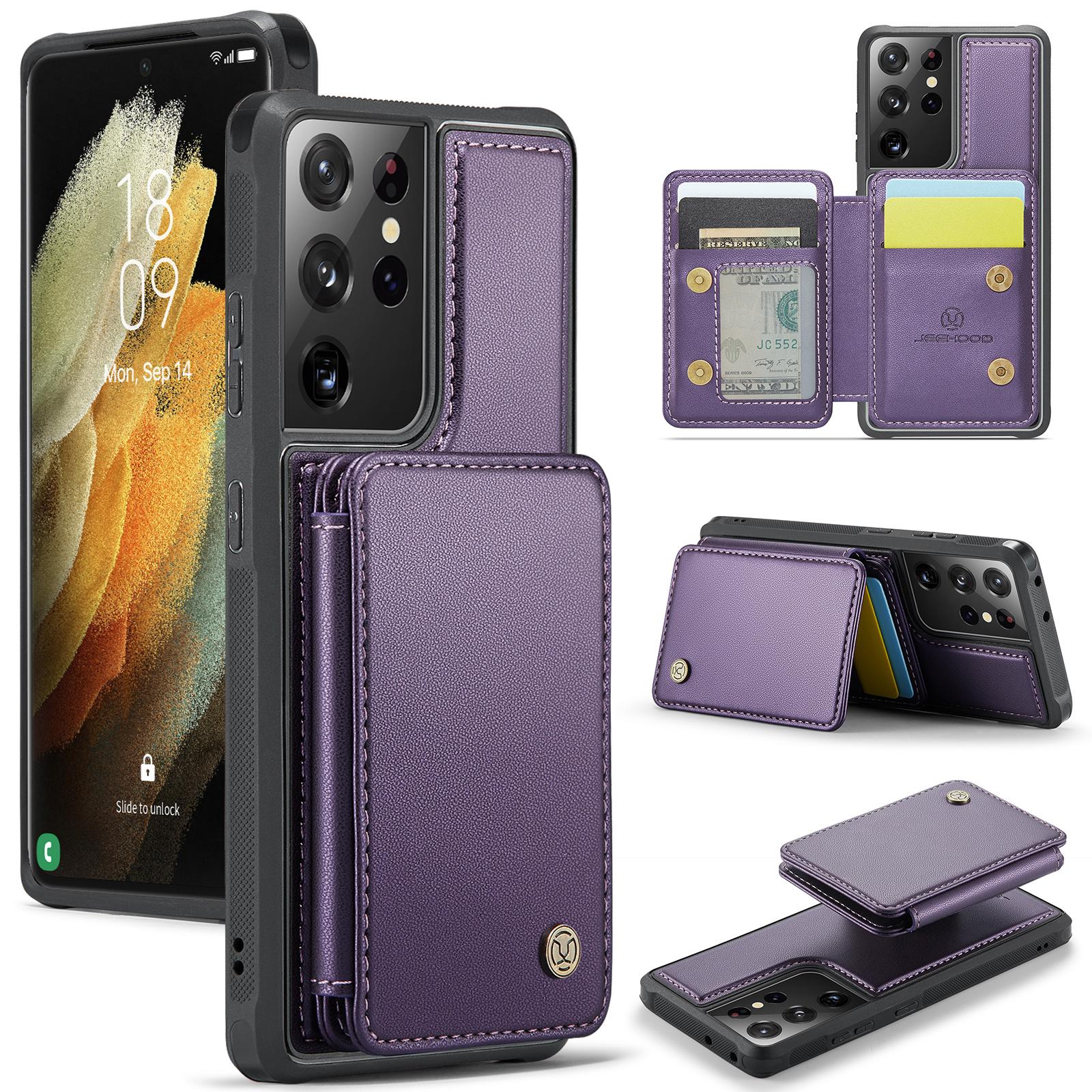 

For Samsung Galaxy S21 Ultra 5G Case Leather Mobile Cover with Detachable Magnetic Card Bag Purple