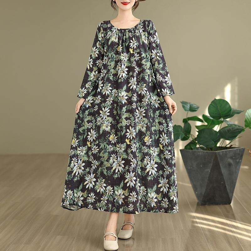Long sleeve plus size cotton vintage floral new in dresses for women casual loose spring autumn dress