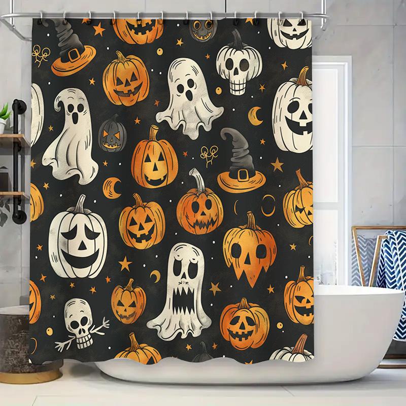 

Halloween Decorative Shower Curtain With Ghosts, Pumpkins Skull Pattern Waterproof Fabric For Bathrooms Black Background (180X24 W60H190(CM)-1 Pcs
