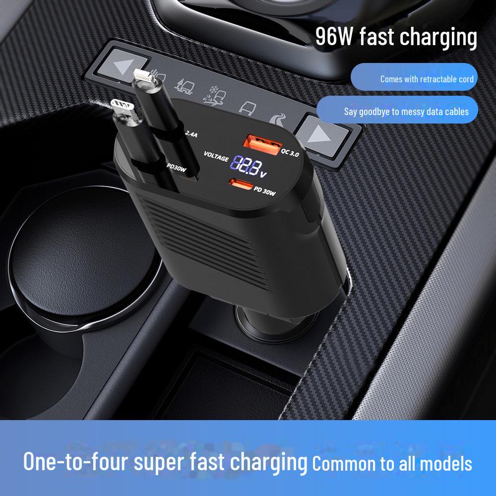 120W Alloy Retractable Car Charger - Four-in-One Super Fast Charging Cable
