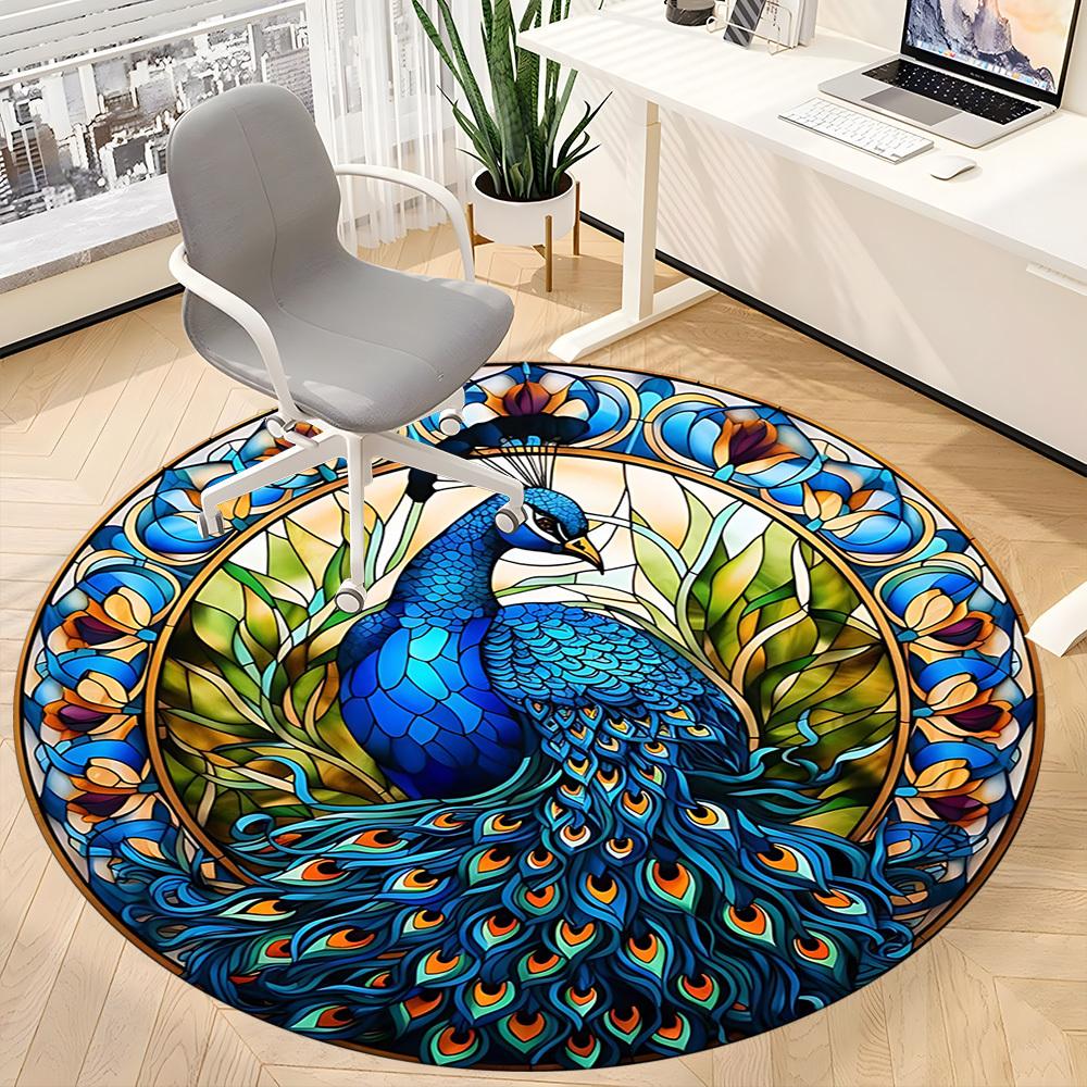 1pc Peacock StainedGlass Office Round Area Rug, Indoor Mat Suitable For Office, Under Office Chairs Bedroom Living Room Home Decor, Room Deco 015
