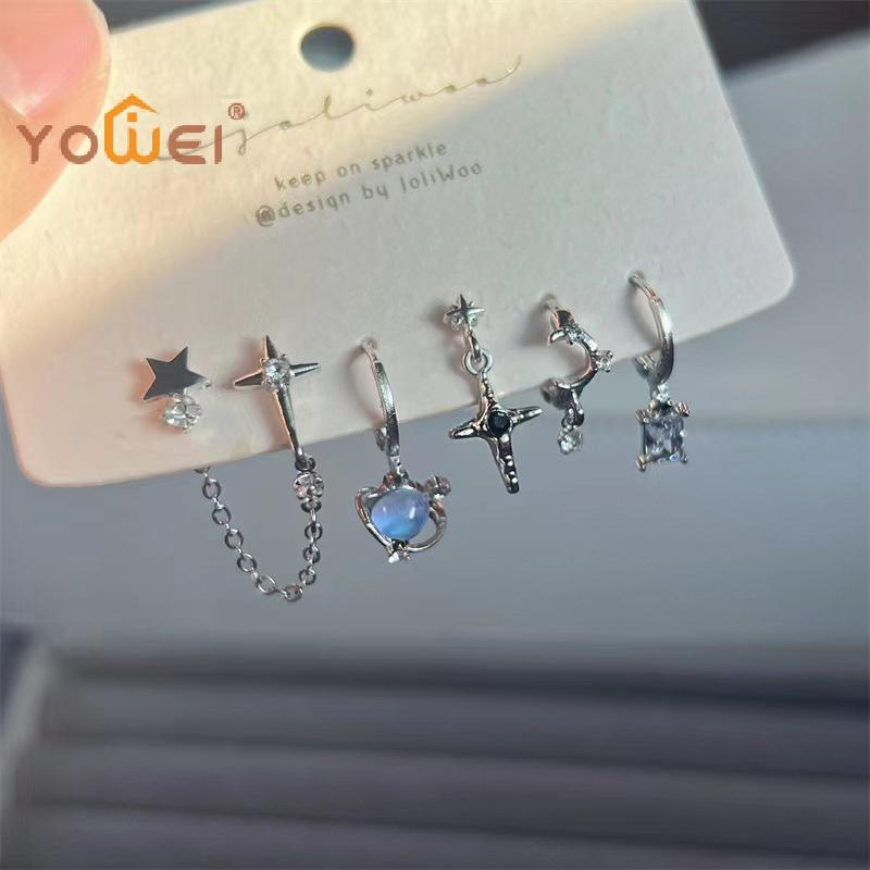 Ornate 6-Piece Set: Gothic Punk Crystal Moon, Star, Cross Pendant Earrings, Perfect Women's and Girls' Gift.