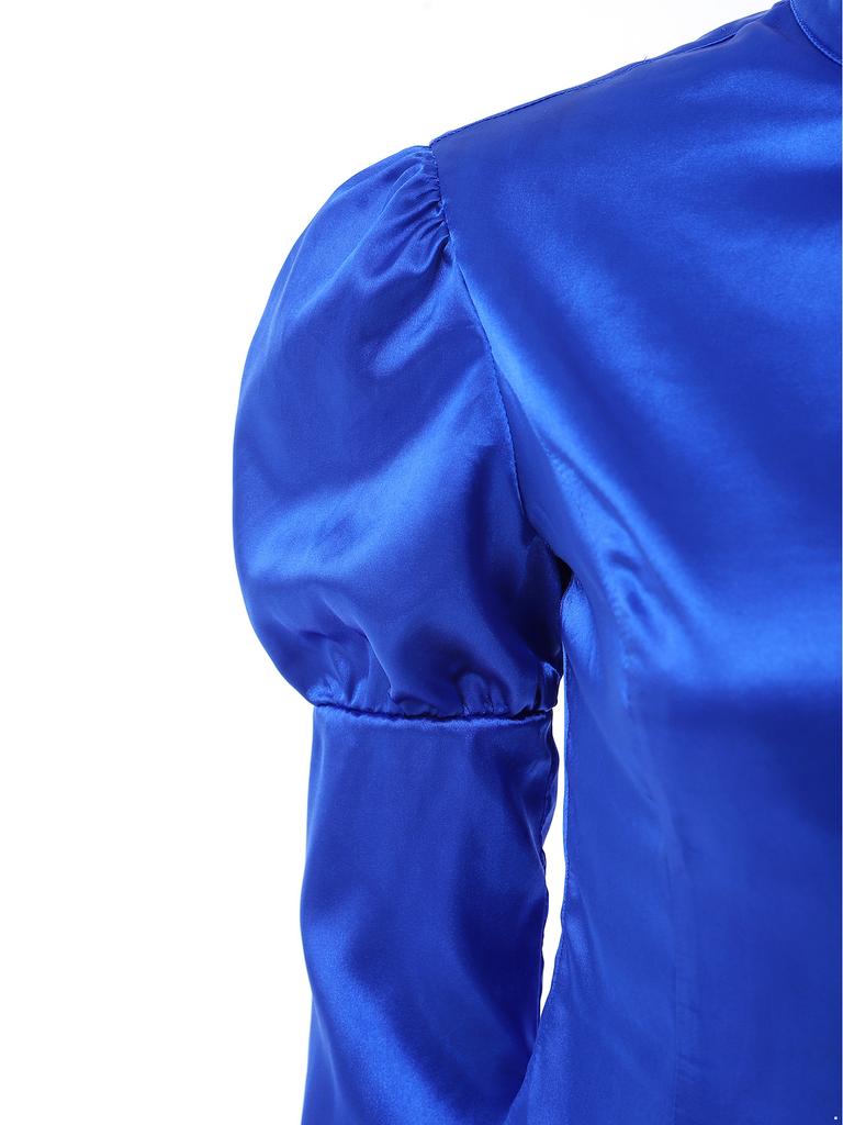 Women Victorian Blazer Stand Collar Long Puff Sleeves Button Satin Jacket Asymmetrical Blouse for Office Business Casual Theme Party