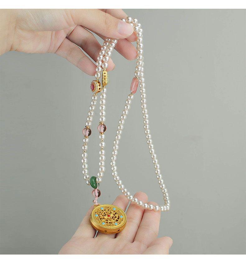 Retro Five Blessings Imitation Pearl Necklace with Cloisonné Pendant - Chinese Style Long Beaded Accessory