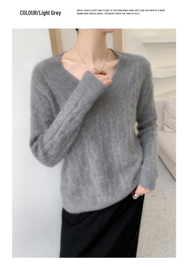 Women's V-neck Wool Twist Sweater - Thick, Loose, Long Sleeve Knit for Autumn/Winter
