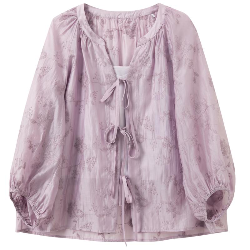 Sancai Women's New Chinese Style Embroidered V-Neck Loose Fit Shirt