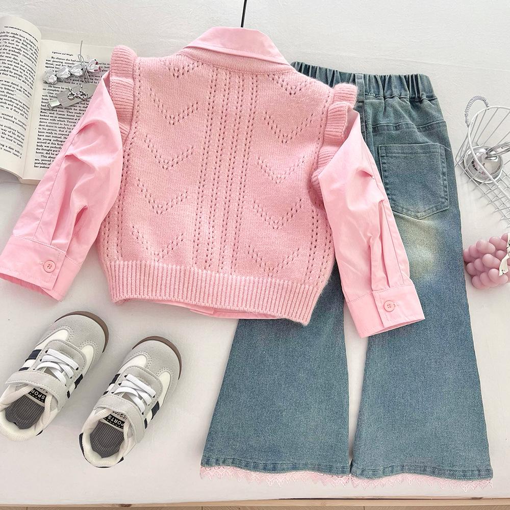 Autumn 2025 Fashionable Girls' Knitted Three-Piece Set: Sweater Vest, Shirt, and Jeans